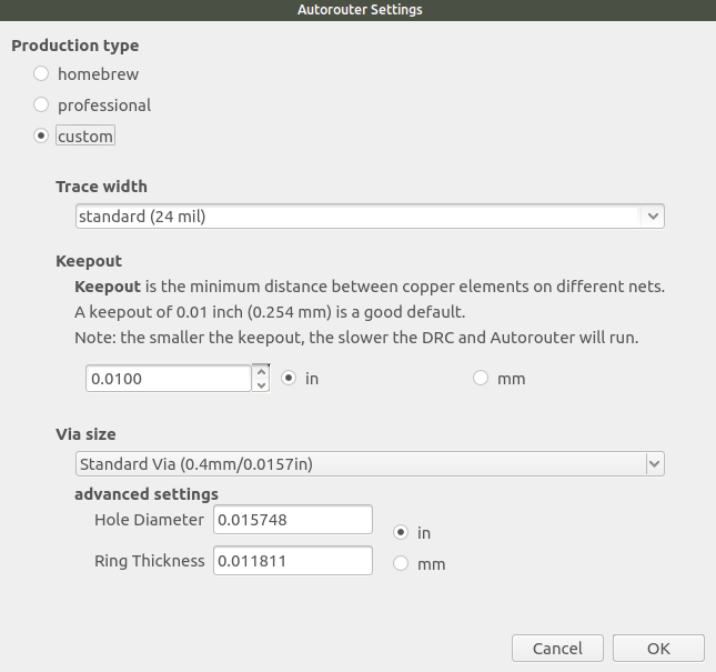 Fritzing 'Custom' Autorouter/DRC Settings