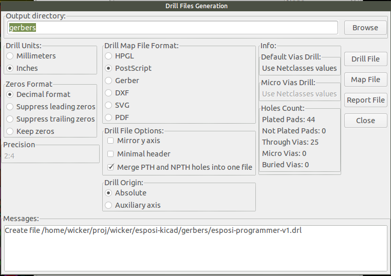 Correctly configured drill output screen